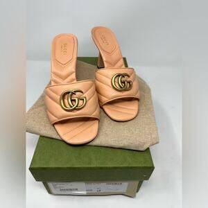 Gucci GG Marmont Quilted Peach Leather Heel Mules Sandal size 37 EU 7 US